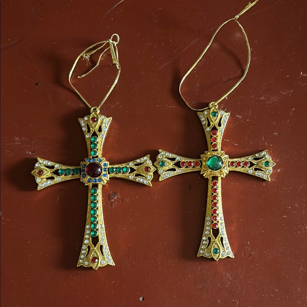 Gold Ornate Cross Ornaments with Gemstones